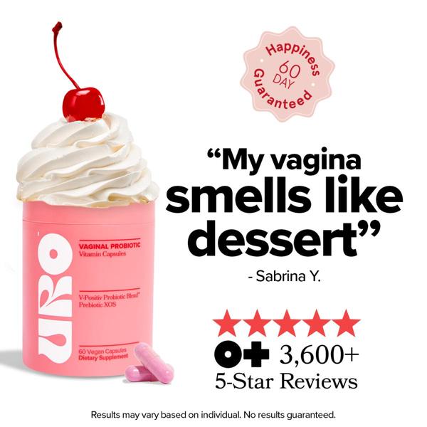 A high-contrast, playful ad creative using a dessert metaphor to highlight the positive sensory benefits of a vaginal probiotic supplement.